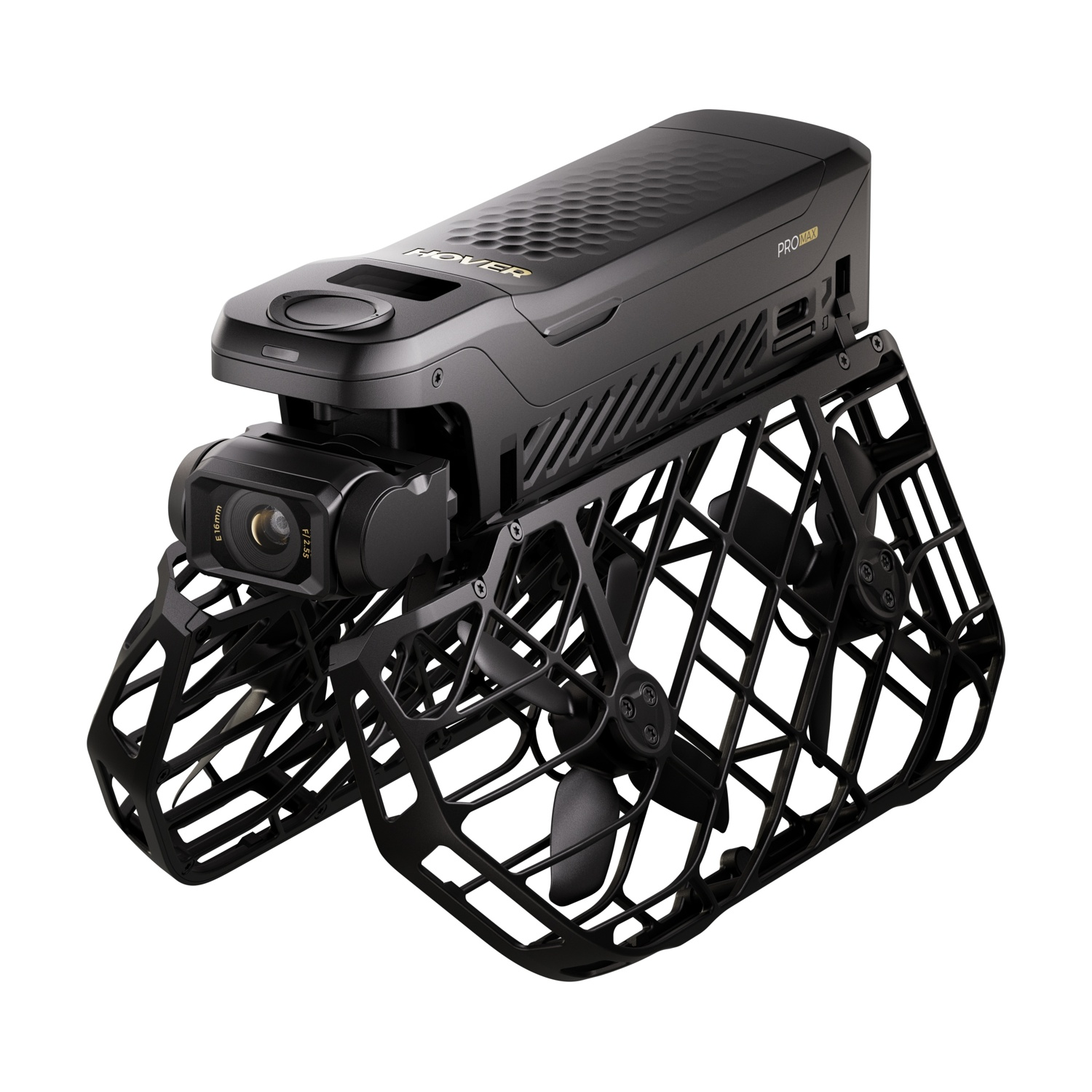 Drone Hover nero pieghevole con fotocamera integrata e protezioni per eliche su sfondo bianco.