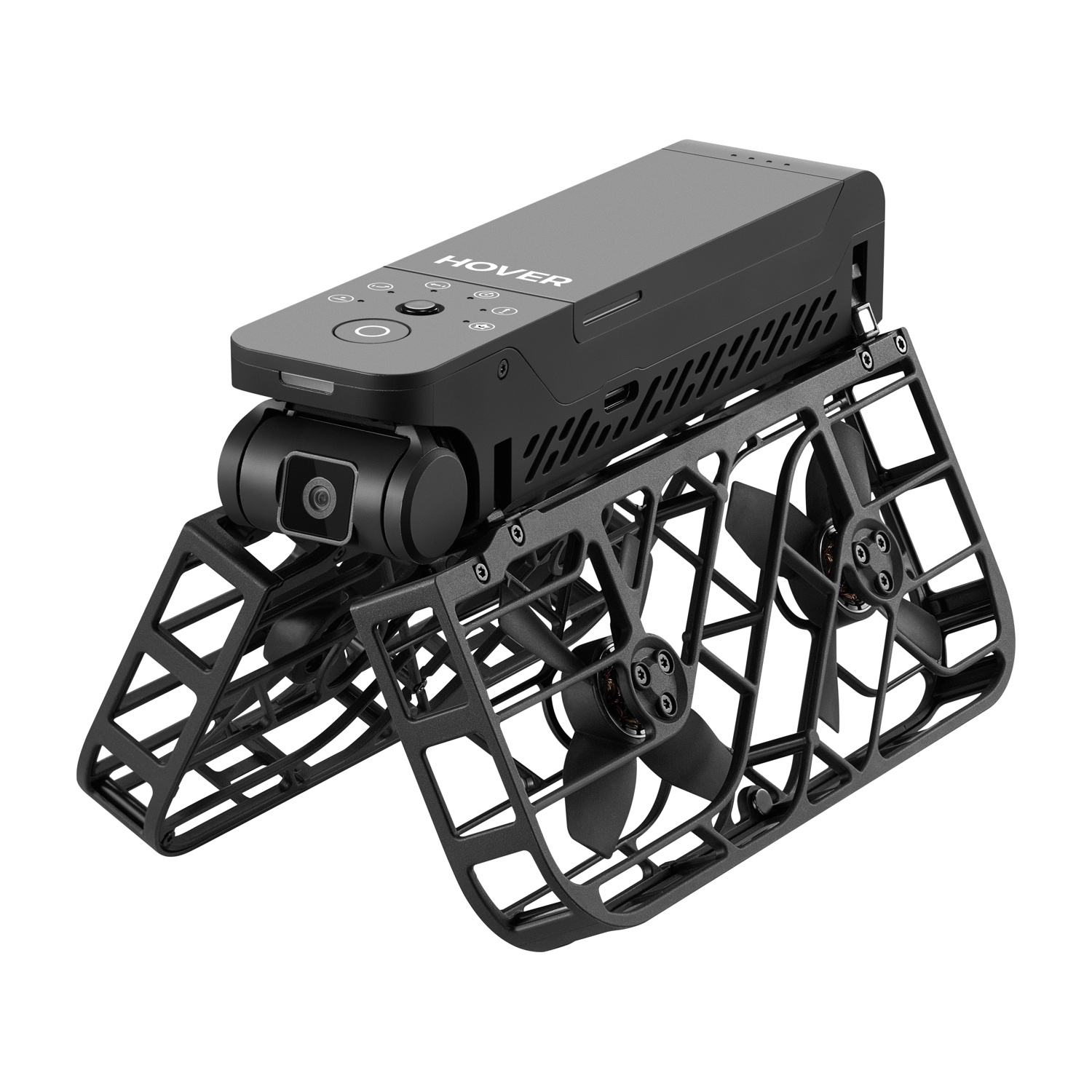Un drone Hover nero con fotocamera integrata e protezioni per eliche su sfondo bianco.