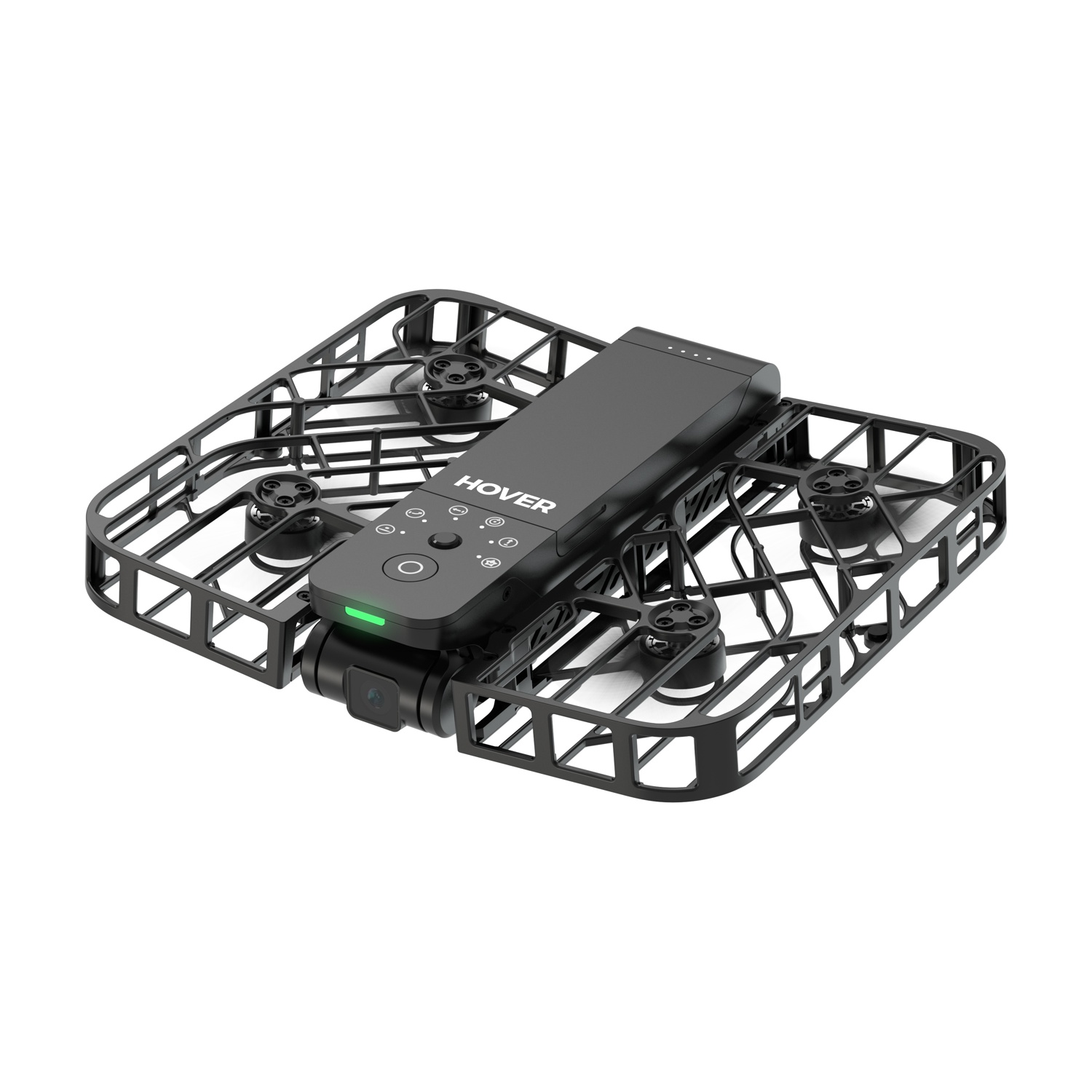 Un drone Hover nero con gabbia protettiva e fotocamera integrata su sfondo bianco.