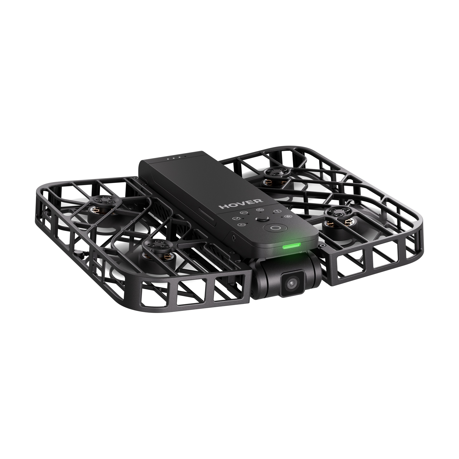 Un drone Hover nero con gabbie protettive e fotocamera frontale su sfondo bianco.