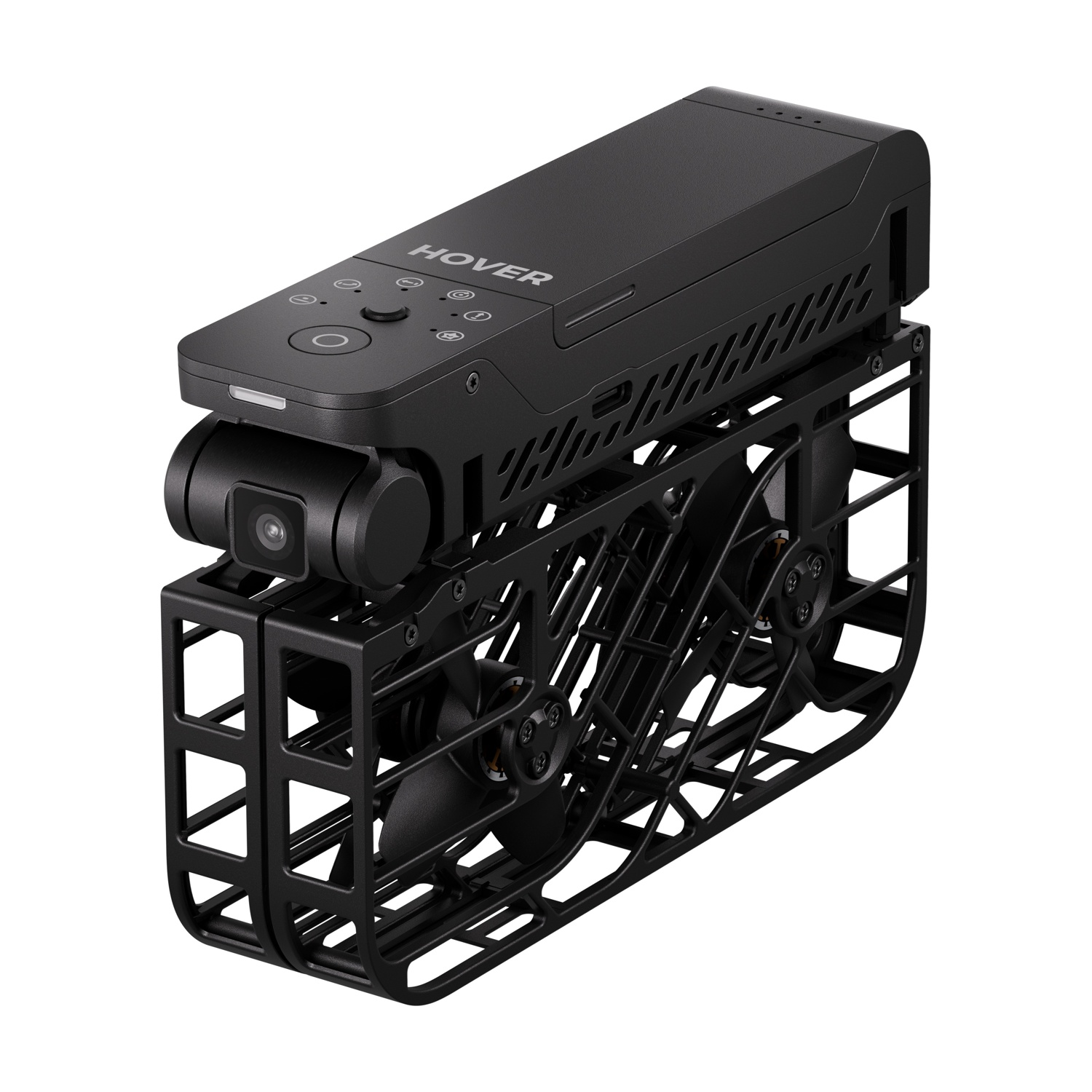 Un drone Hover nero con fotocamera integrata e gabbia di protezione su sfondo bianco.