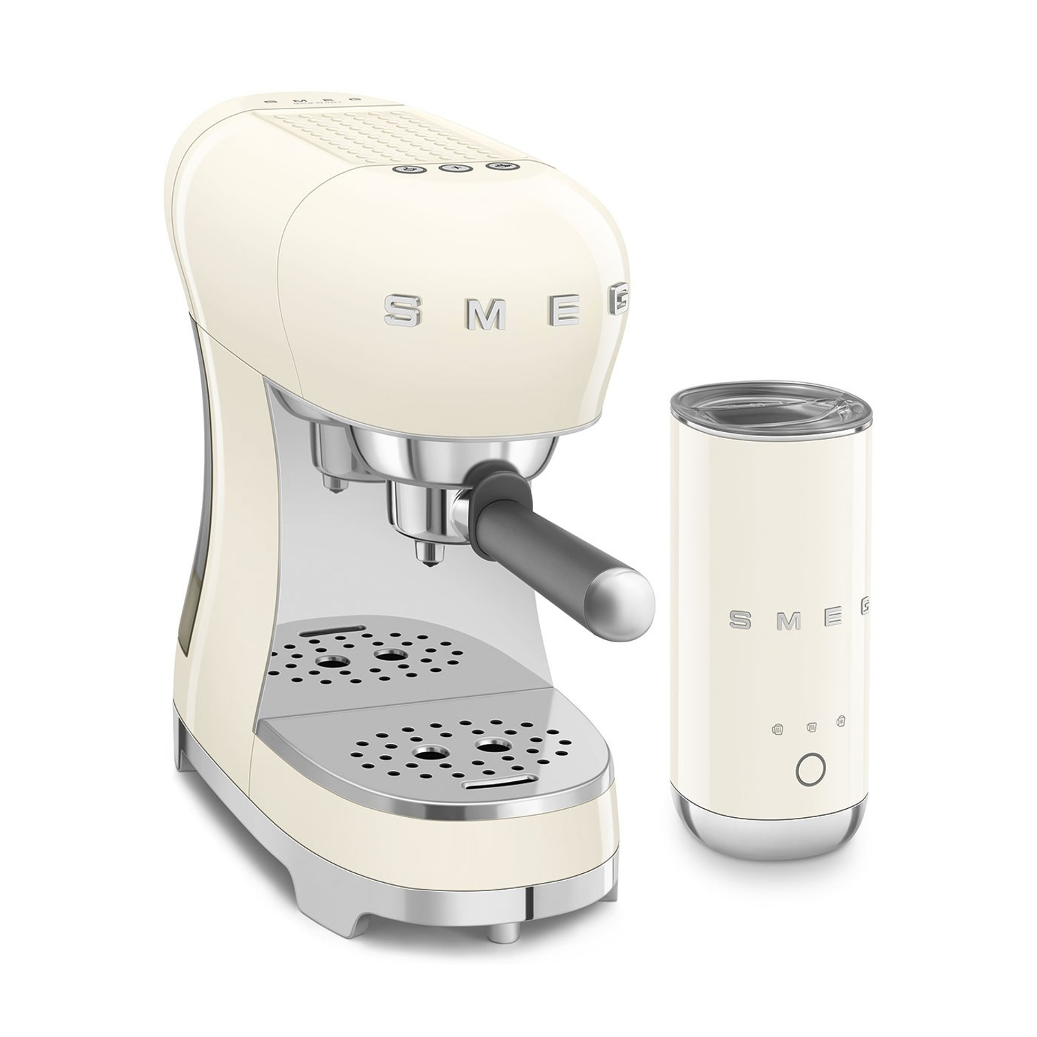 Macchina da caffè espresso Smeg bianco crema con montalatte coordinato su sfondo bianco.