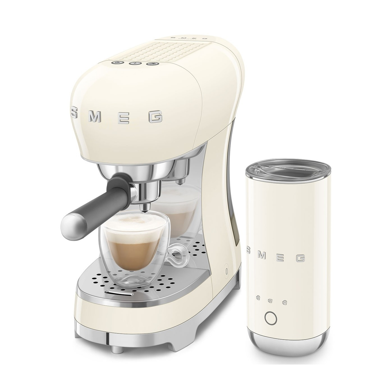 Macchina da caffè espresso Smeg color crema con montalatte e bicchieri da cappuccino.