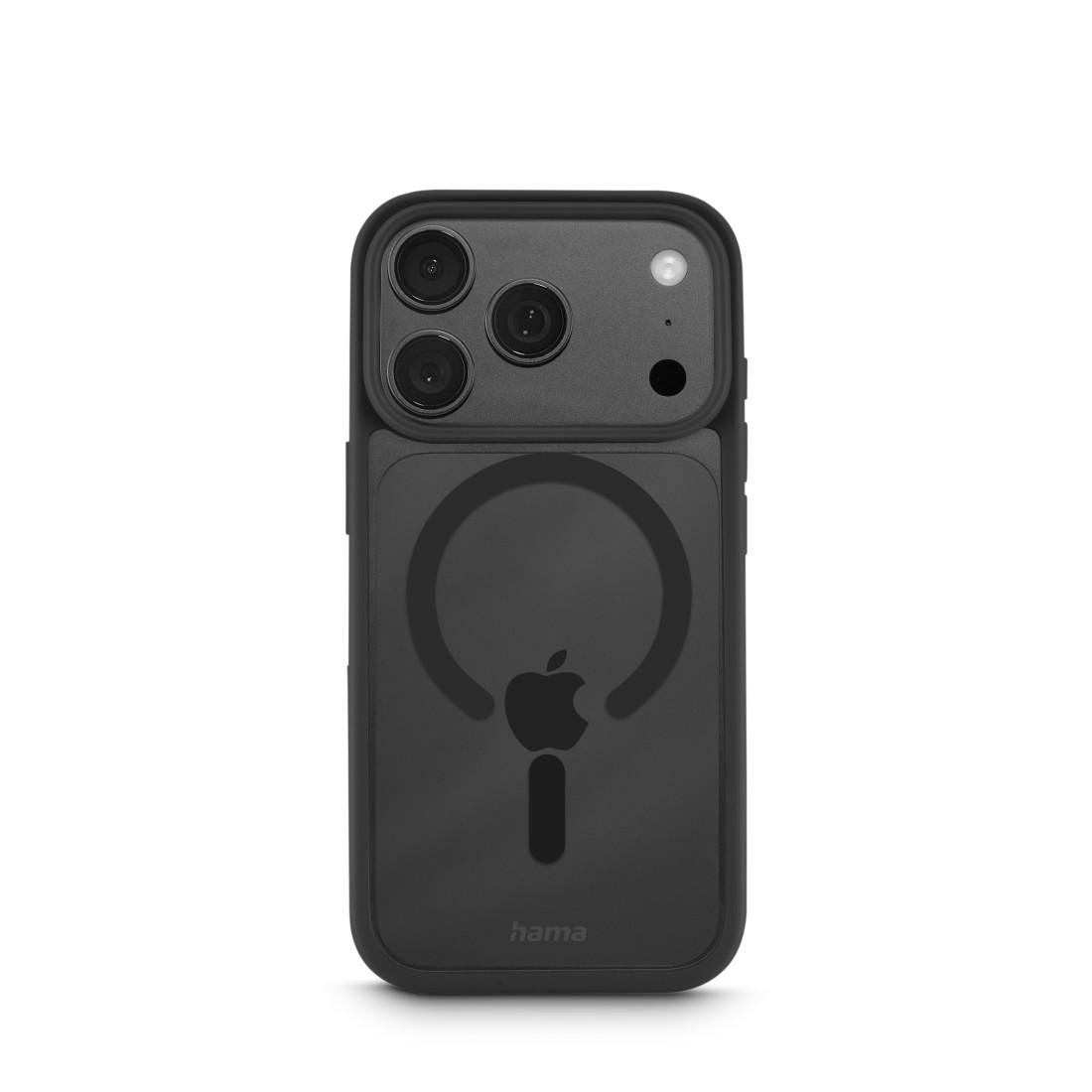 Schwarze Smartphone-Hülle mit MagSafe-Ring und Apple-Logo auf weißem Hintergrund.