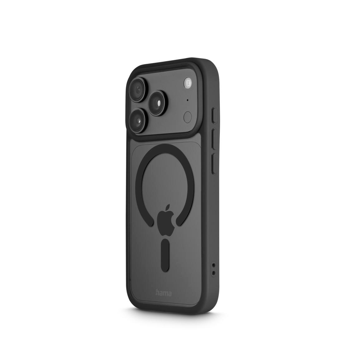 Schwarze Smartphone-Hülle mit MagSafe-Ring und Kameraaussparung für Apple iPhones.