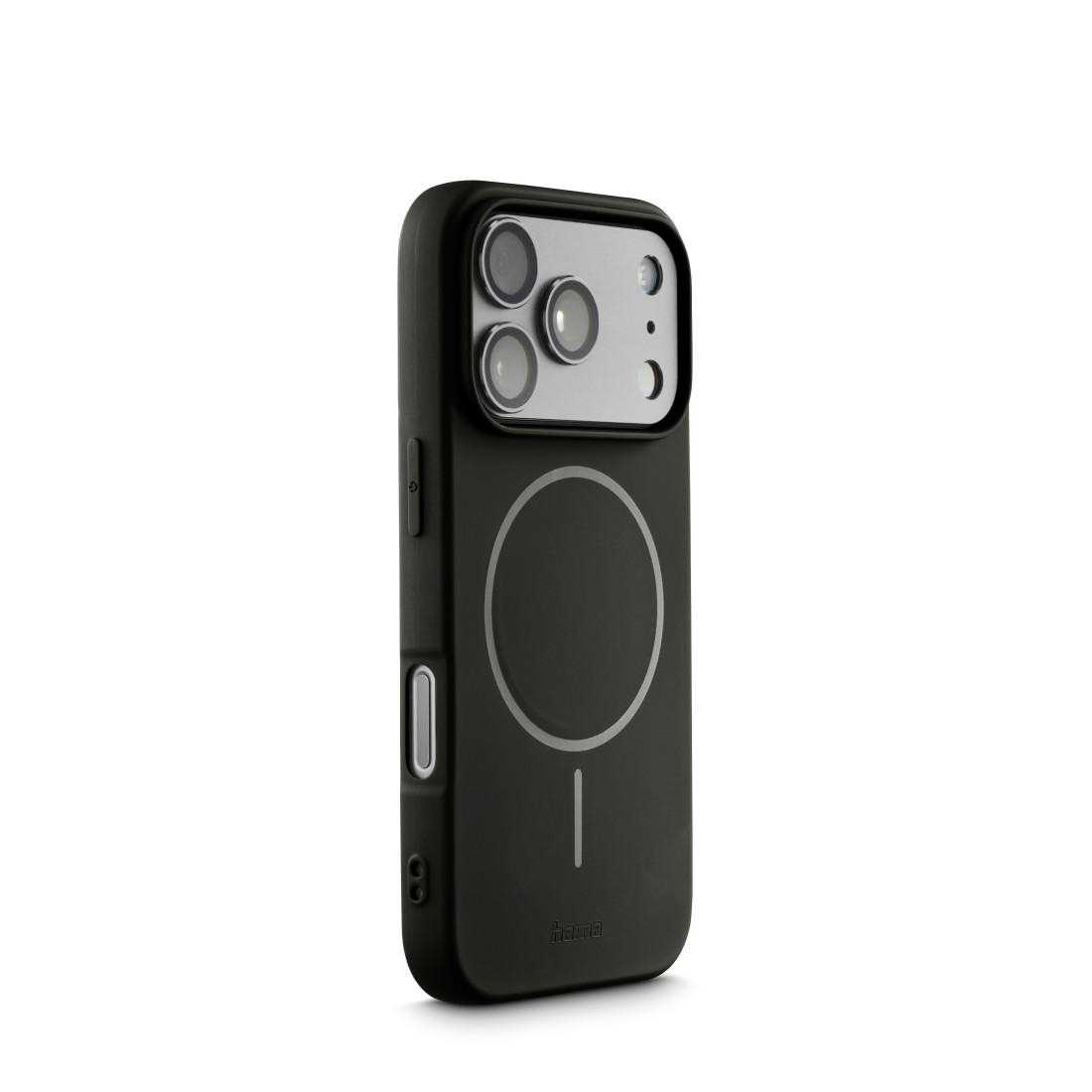 Schwarze Smartphone-Hülle mit magnetischem Ring auf der Rückseite und Kameraaussparung auf weißem Hintergrund.