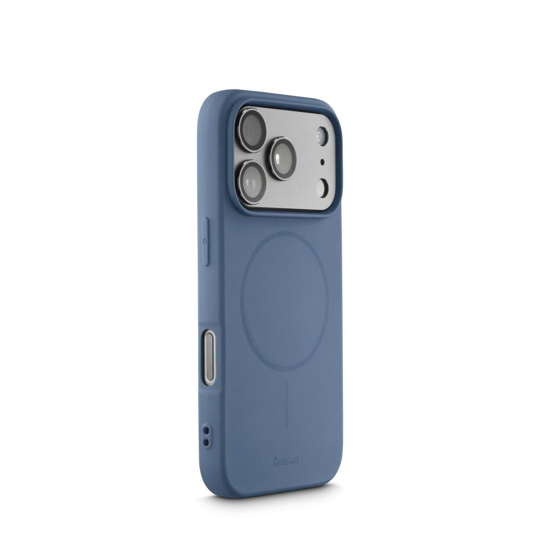 Eine blaue Smartphone-Hülle auf weißem Hintergrund mit Kamera-Aussparungen und einem runden MagSafe-Ring.
