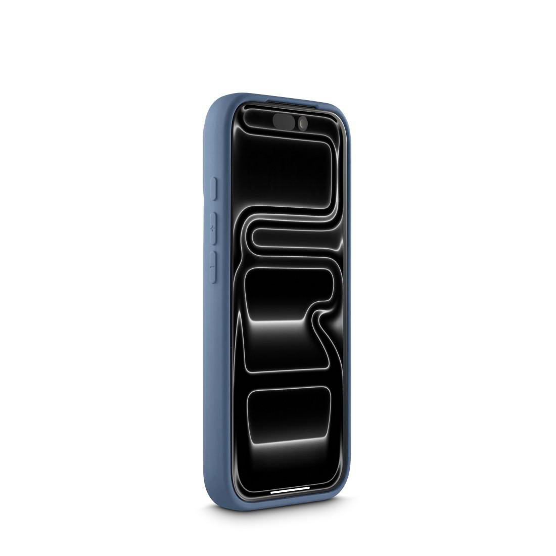Ein blaues Smartphone mit schwarzem, wellenförmigem Displayschutz steht senkrecht vor weißem Hintergrund.