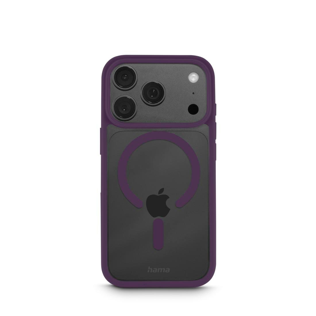 Ein Smartphone in einer lila Hülle mit durchsichtiger Rückseite, Apple-Logo und Kameraaussparung auf weißem Hintergrund.