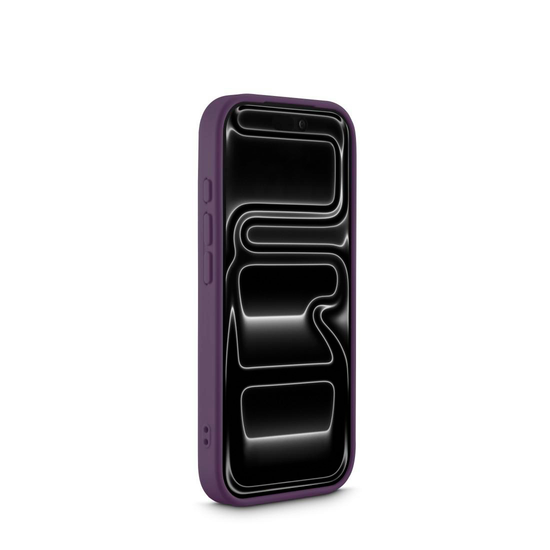 Ein violettes Smartphone steht aufrecht vor weißem Hintergrund und zeigt ein welliges, schwarzes Displaymuster.