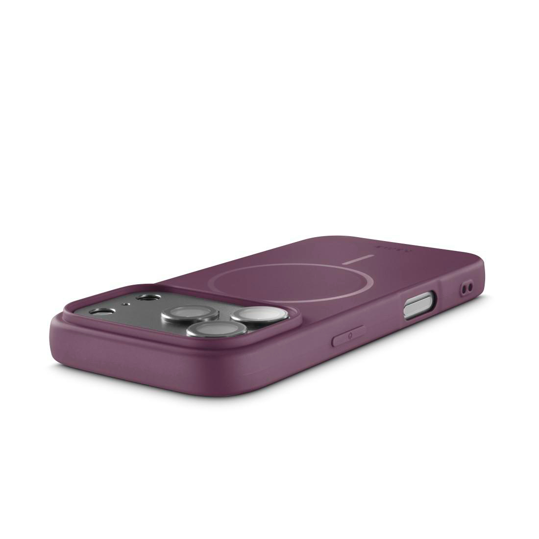 Ein lila Smartphone in einer passenden Hülle liegt auf einer weißen Oberfläche und zeigt die Rückkameras und Seitentasten.
