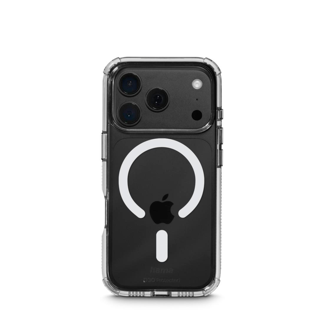 Transparente Smartphone-Hülle mit MagSafe-Ring und schwarzem Apple-Logo auf weißem Hintergrund.