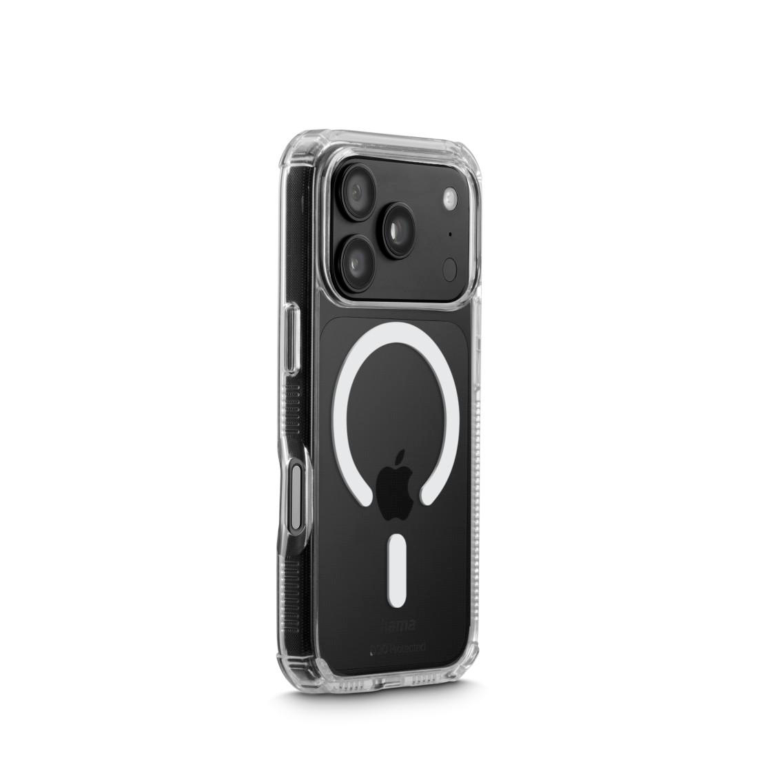 Ein Smartphone in einer klaren Schutzhülle mit sichtbarem MagSafe-Ring und Apple-Logo auf der Rückseite.