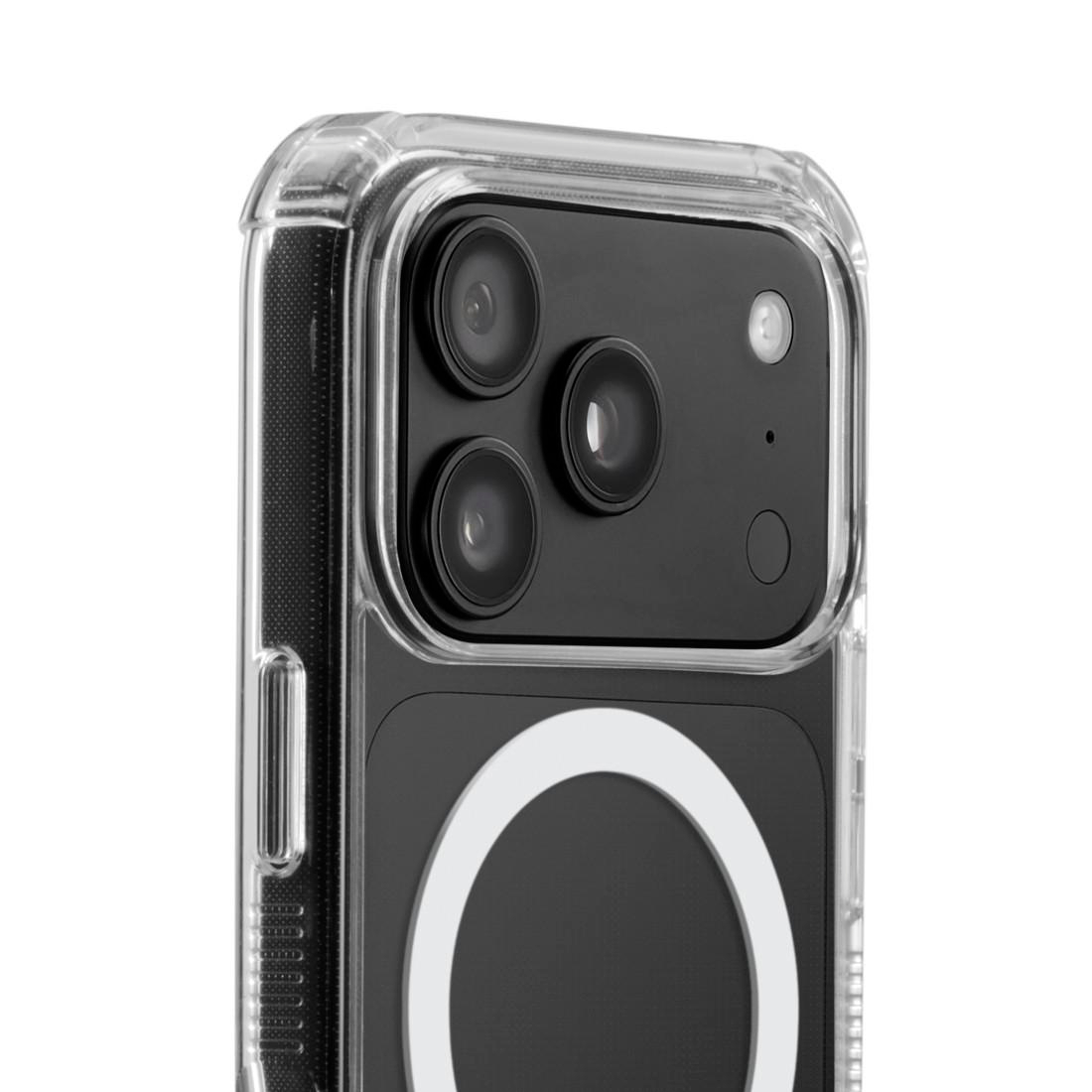 Rückseite eines Smartphones in einer transparenten Schutzhülle mit runder Magnetring-Markierung.