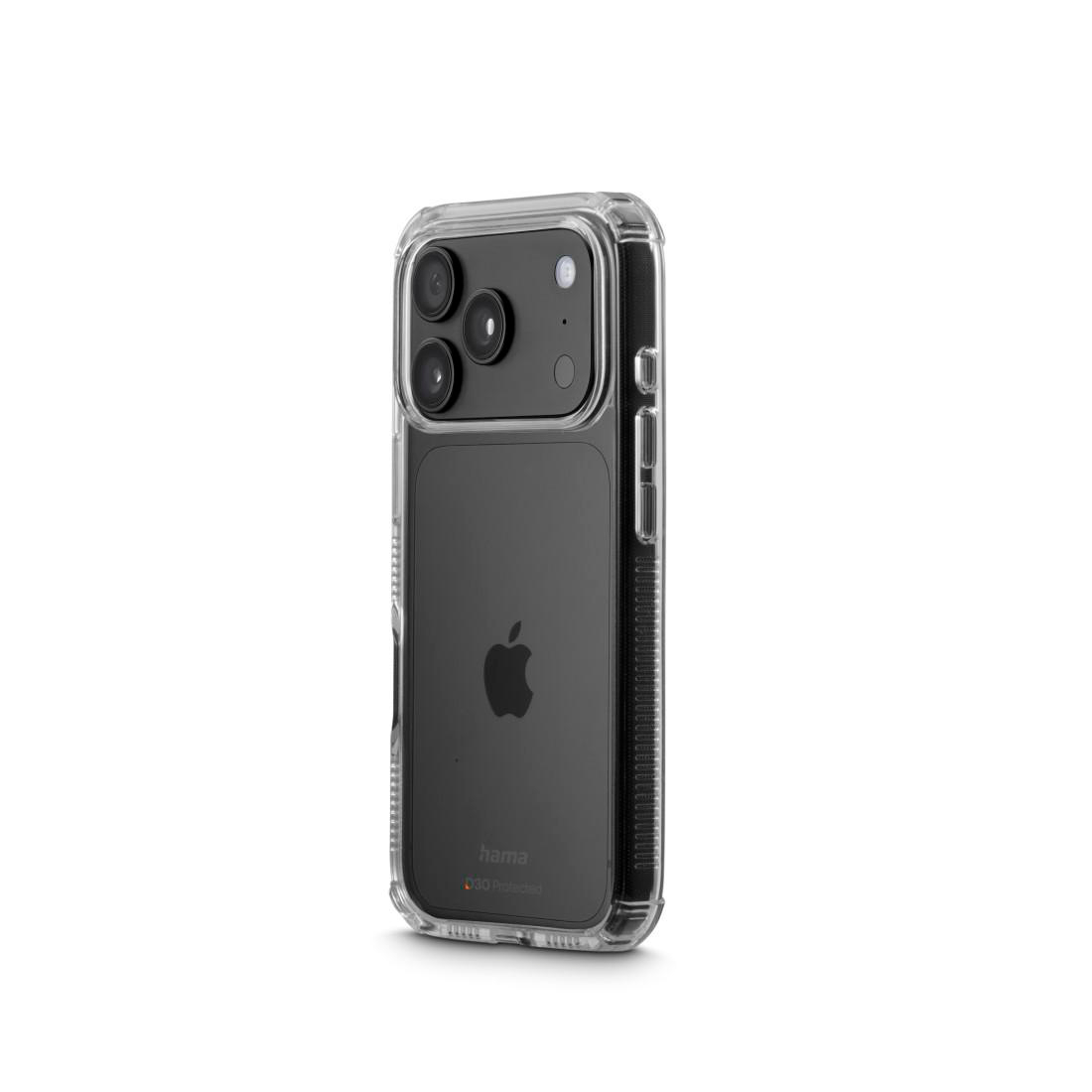 Ein klares Schutzcase für ein iPhone mit schwarzer Rückseite und Apple-Logo, isoliert auf weißem Hintergrund.