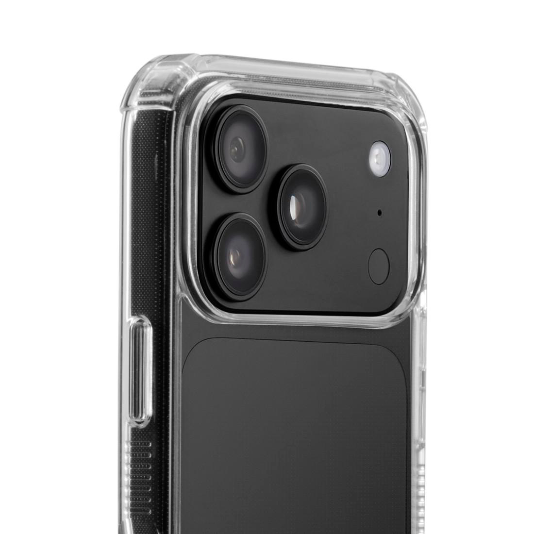 Rückseite eines schwarzen Smartphones in einer transparenten Schutzhülle mit dreifacher Kameralinse.