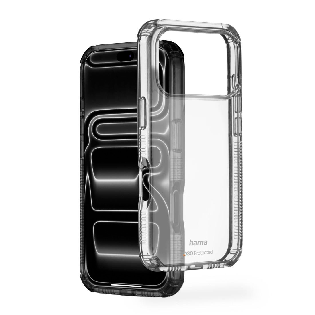 Transparente Schutzhülle und ein schwarzes Smartphone mit glänzender, geschwungener Linienmuster-Rückseite.