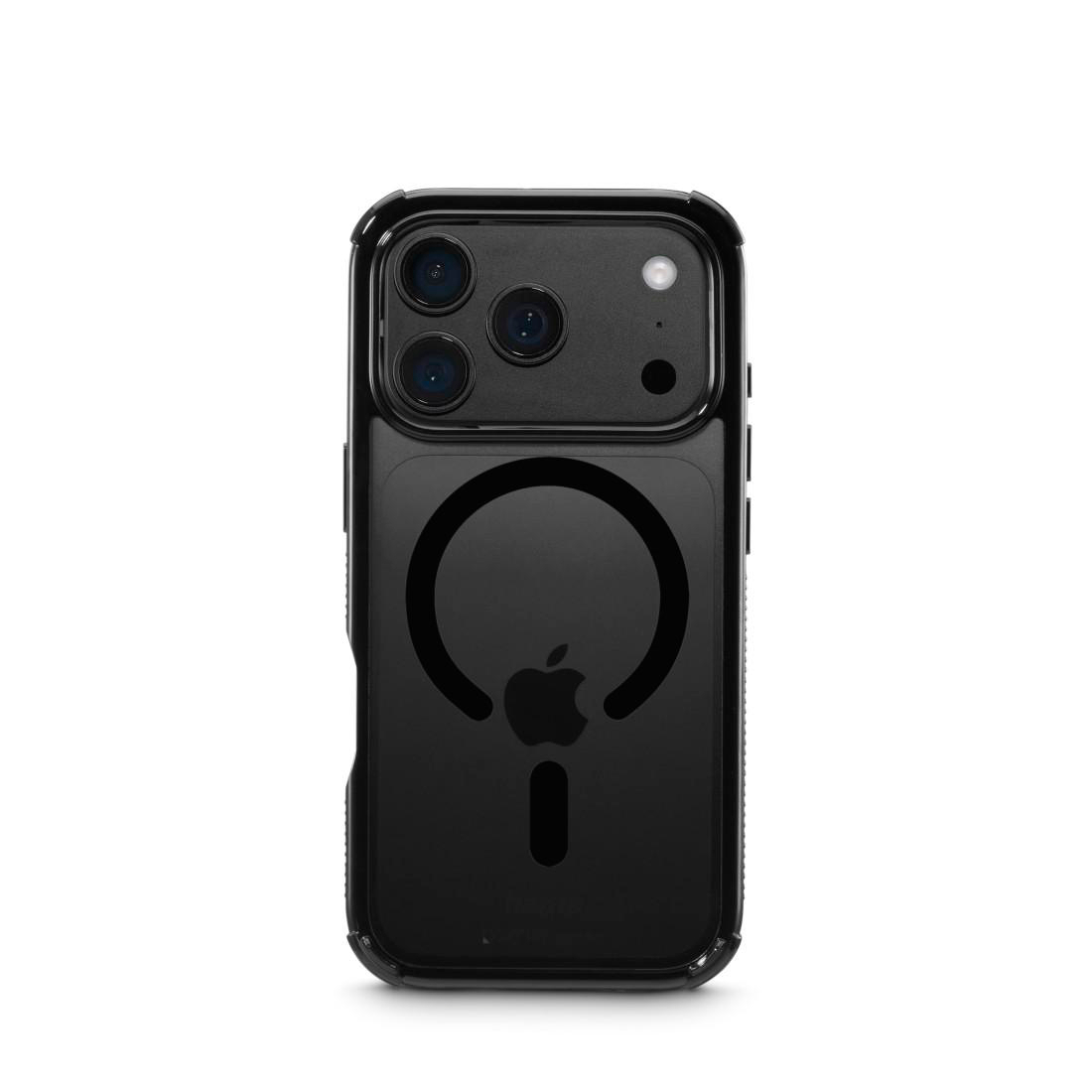 Eine schwarze Smartphone-Hülle mit Kameraschutz und kreisförmigem MagSafe-Symbol auf der Rückseite.