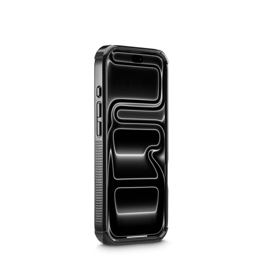 Ein schwarzes Smartphone in Schutzhülle mit dunklem, abstrakten Flüssigwellenmuster auf dem Bildschirm, weißer Hintergrund.
