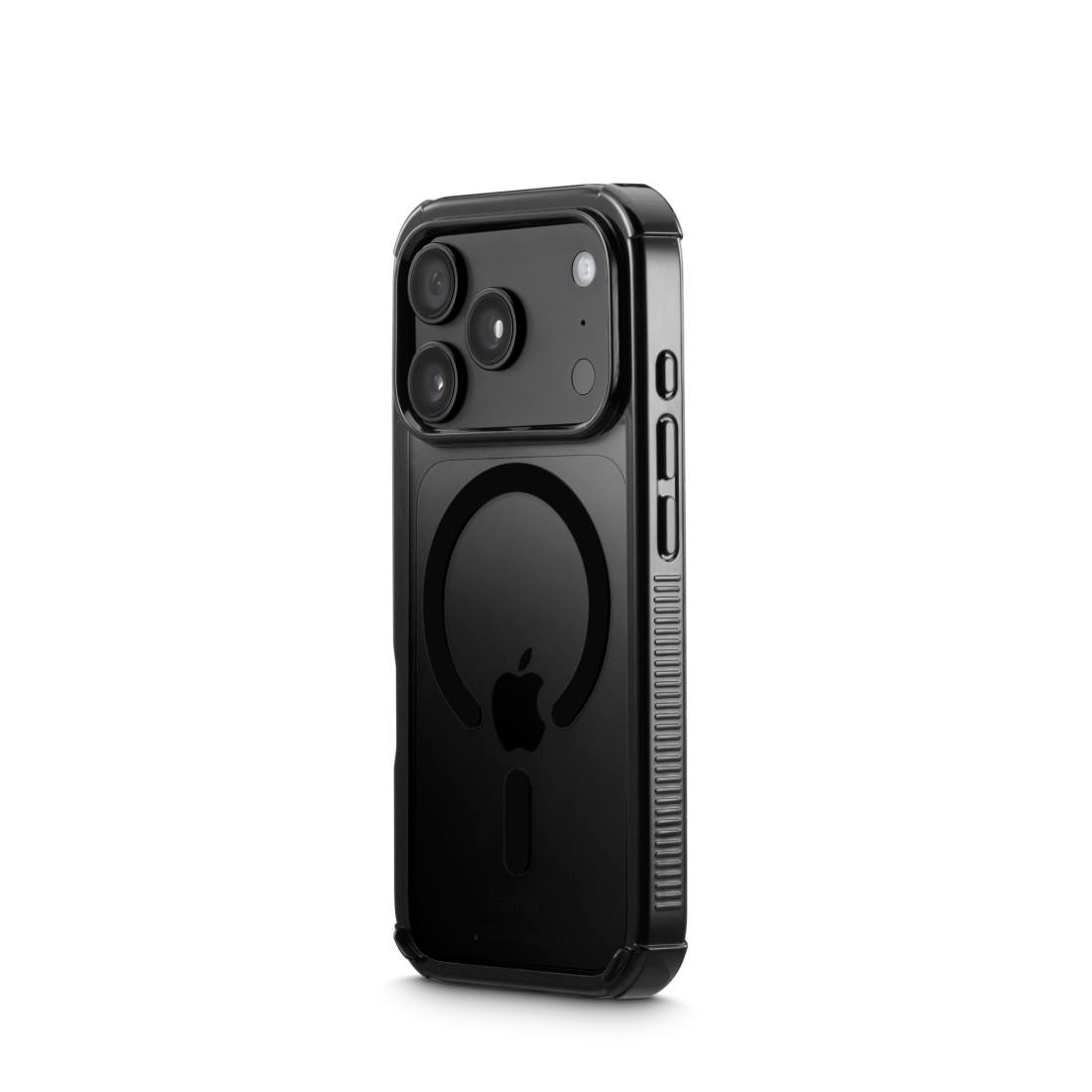 Schwarze Smartphone-Hülle auf einem iPhone, zeigt die Rückseite mit Kamera und MagSafe-Ring.
