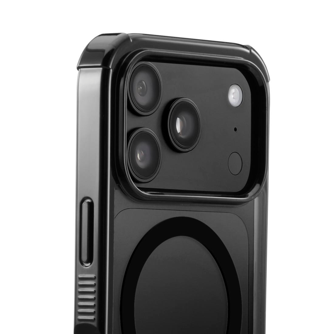 Rückansicht einer schwarzen Smartphone-Hülle mit drei Kameraobjektiven und einem runden Magnetring auf weißem Grund.