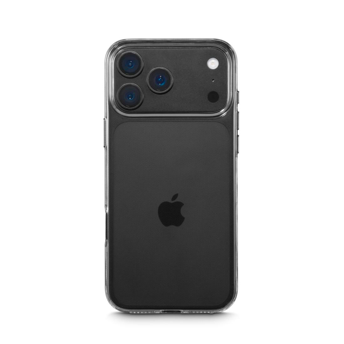 Rückseite eines schwarzen iPhones in einer klaren Schutzhülle, drei Kamerakinsen und Apple-Logo sichtbar.