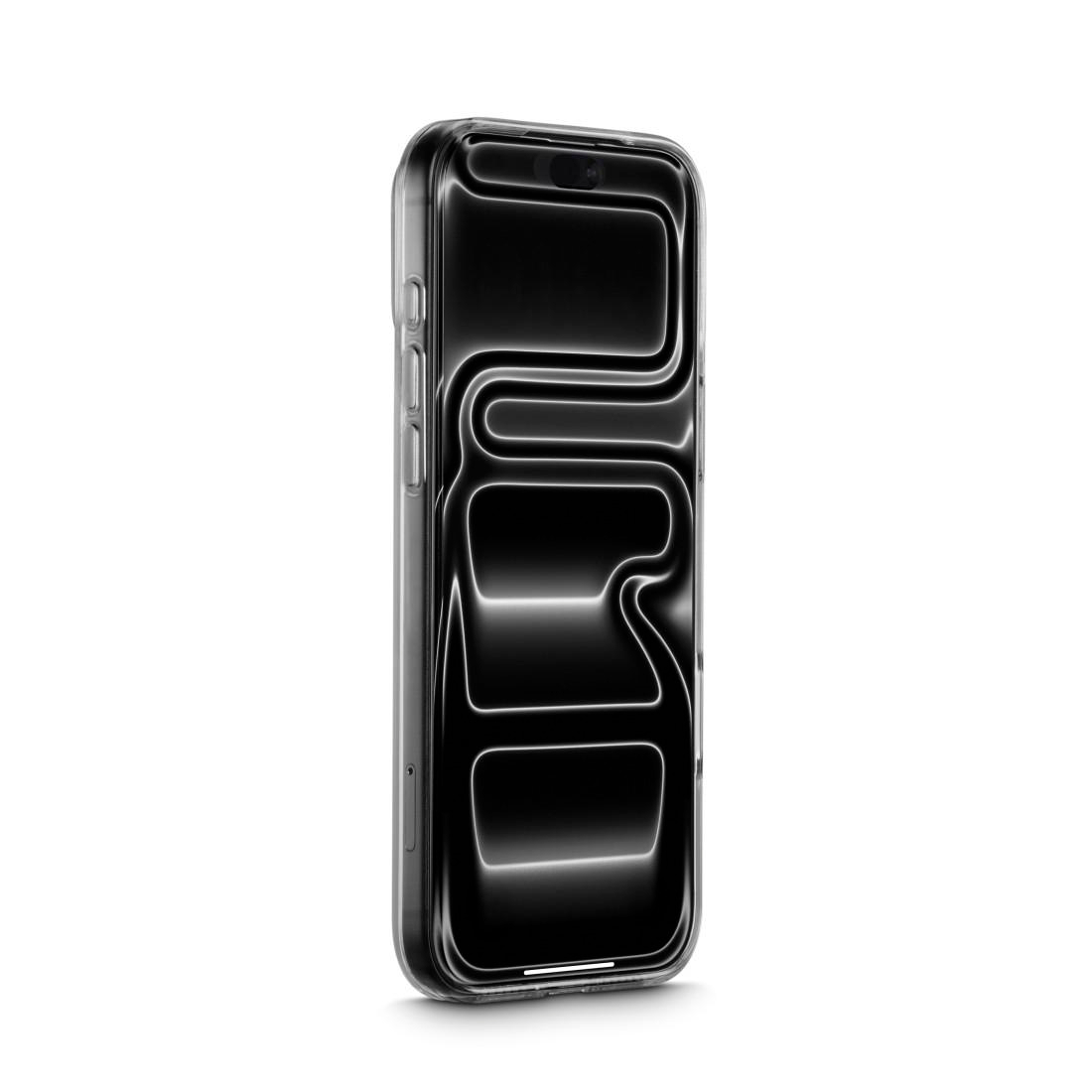 Ein schwarzes Smartphone mit einer abstrakten, gewellten Spiegelung auf dem Bildschirm vor einem hellen Hintergrund.