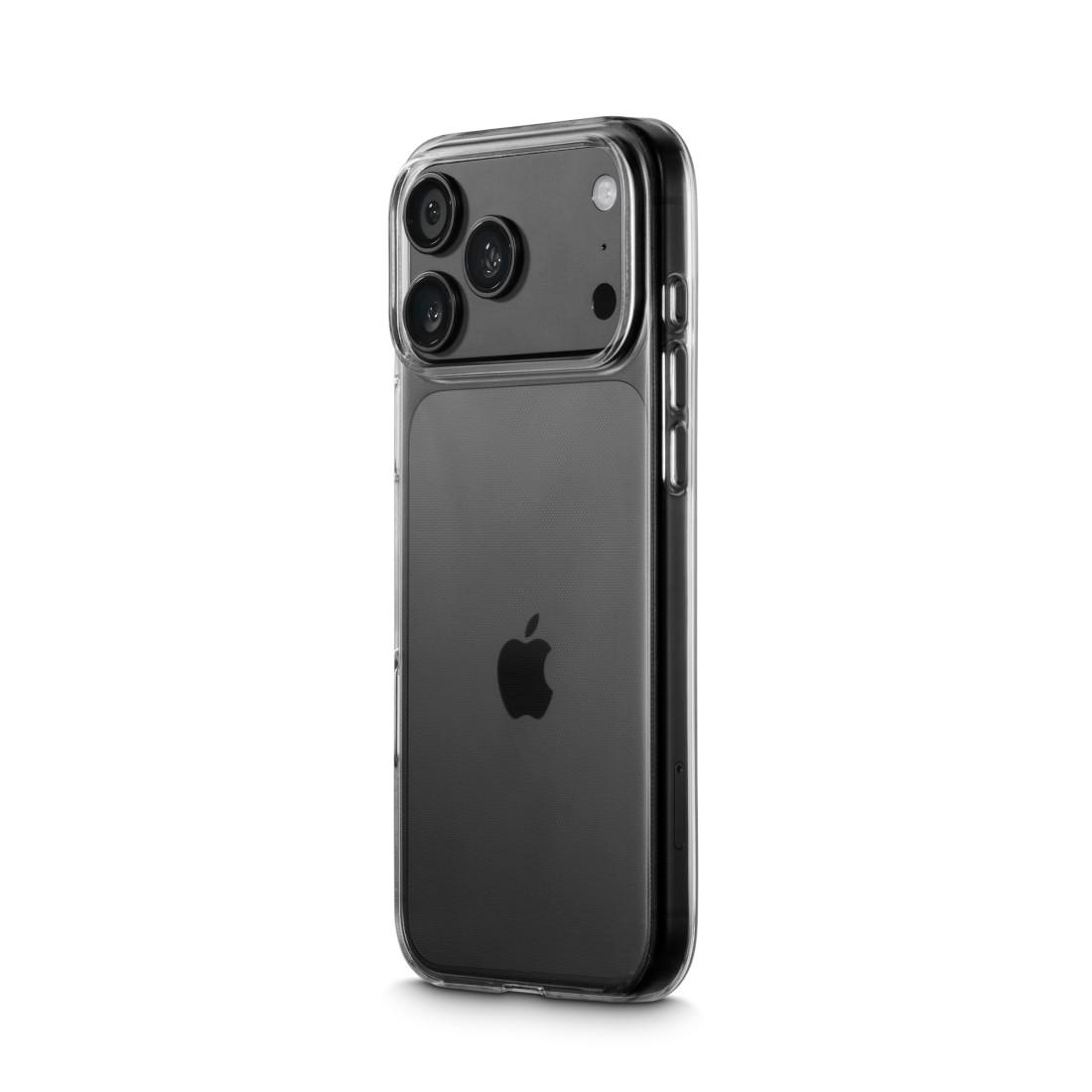Rückseite eines Smartphones in einer transparenten Schutzhülle mit drei Kameralinsen auf weißem Hintergrund.