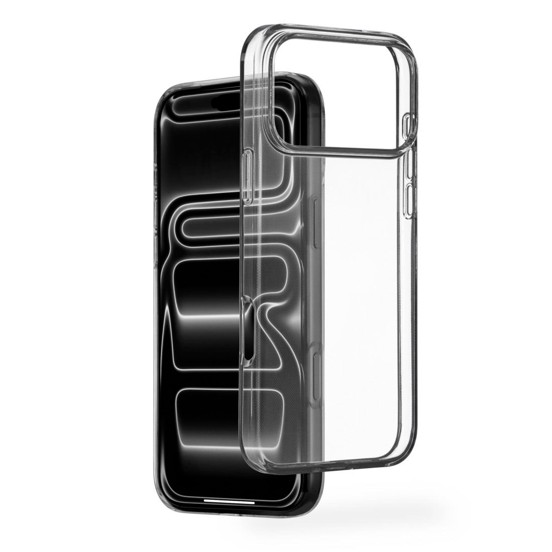 Transparente Handyhülle mit separatem Kamerarahmen vor einem schwarzen Smartphone.