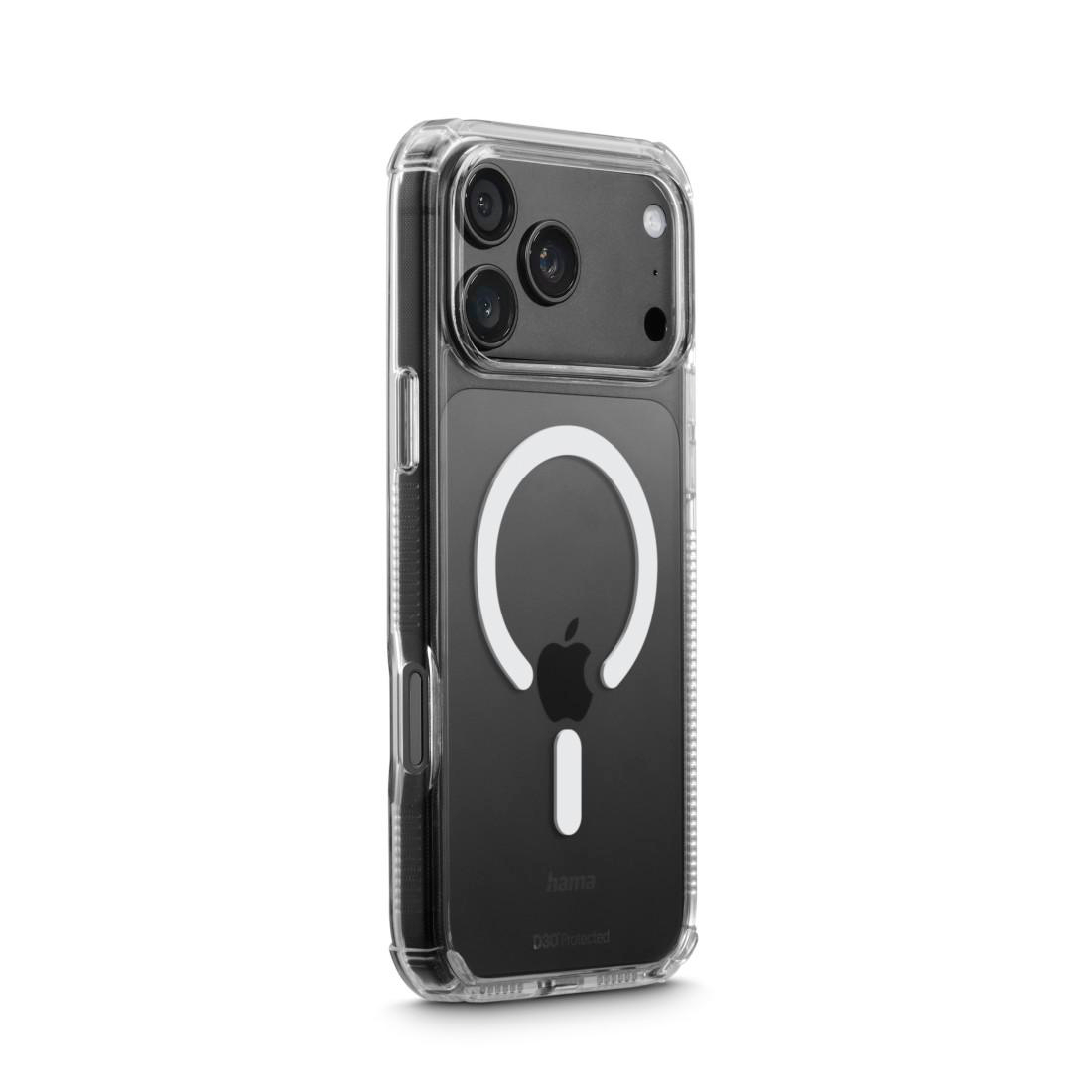 Transparente Schutzhülle auf einem Smartphone mit Kamera und Magnetring auf der Rückseite.