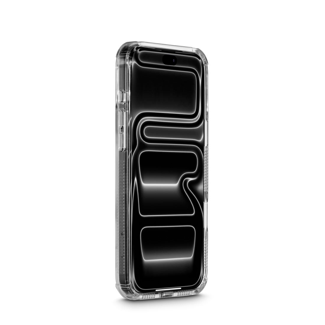 Ein Smartphone in einer klaren Schutzhülle mit einem abstrakten schwarz-weißen Wellenmuster auf dem Bildschirm.