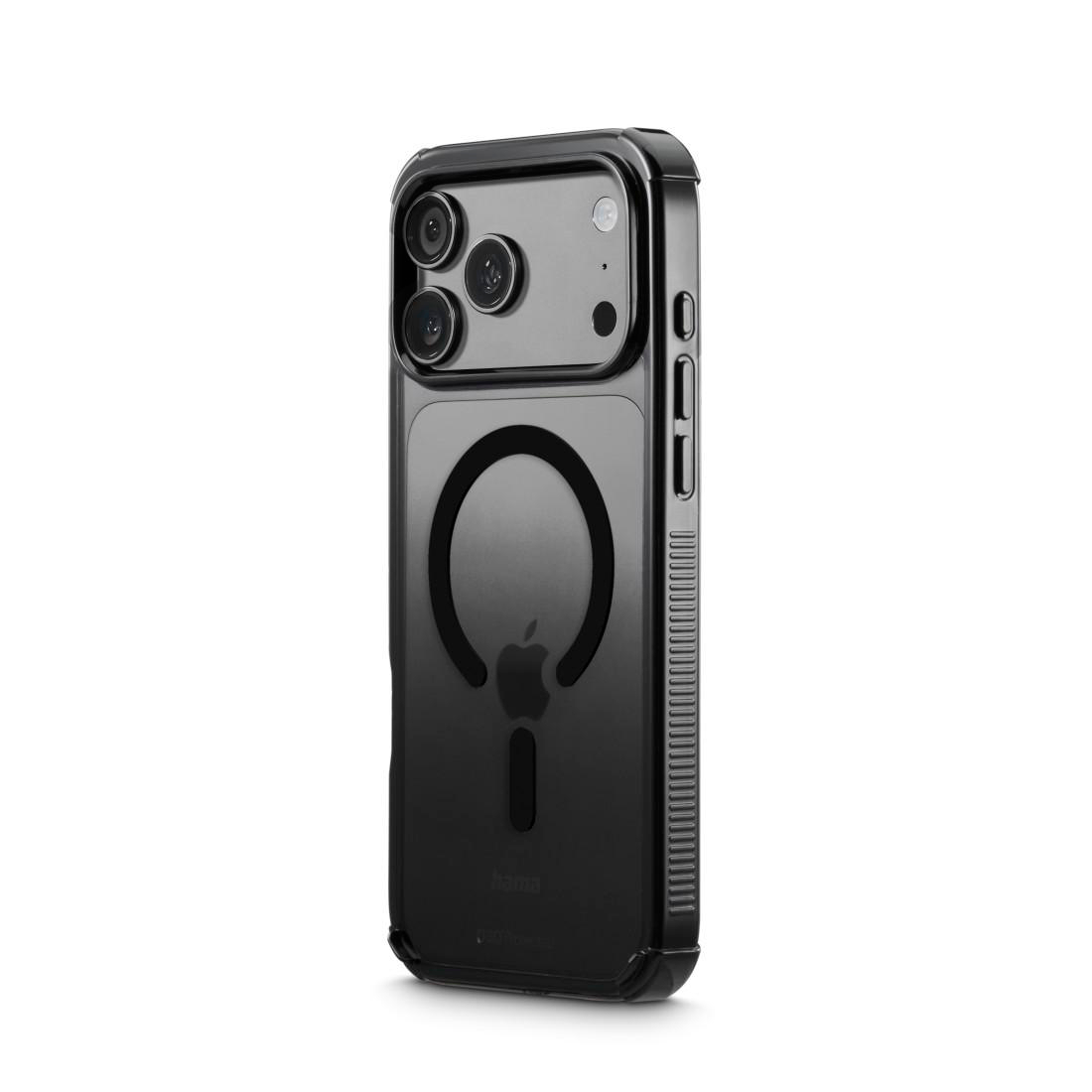 Schwarze, durchsichtige Smartphone-Hülle mit MagSafe-Ring auf der Rückseite auf weißem Hintergrund.