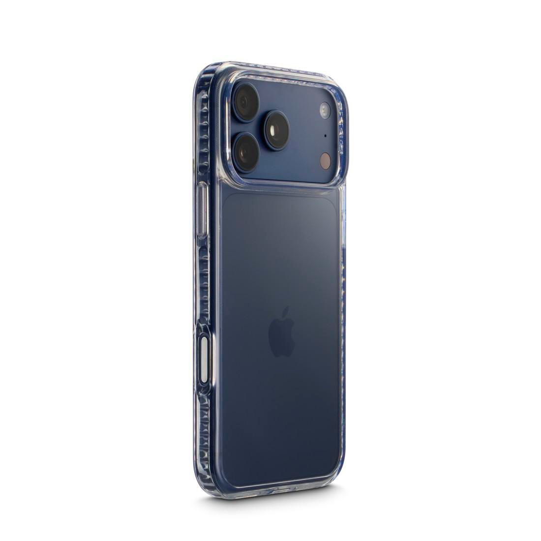 Ein dunkles Smartphone in einer transparenten, strukturierten Schutzhülle, isoliert auf weißem Hintergrund.