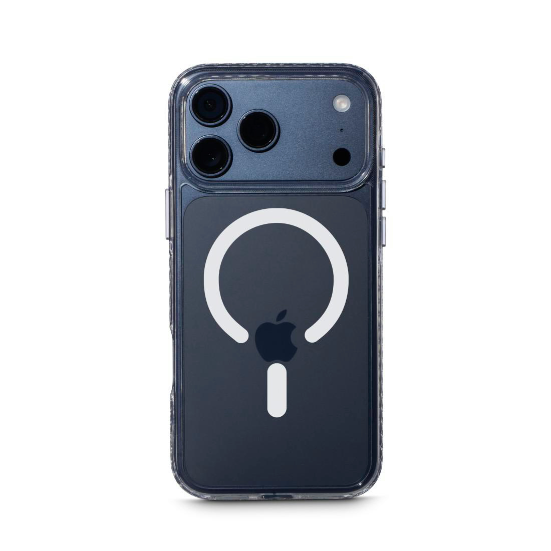 Rückseite eines dunkelblauen Smartphones in einer klaren Schutzhülle mit sichtbarem MagSafe-Ring und Apple-Logo.