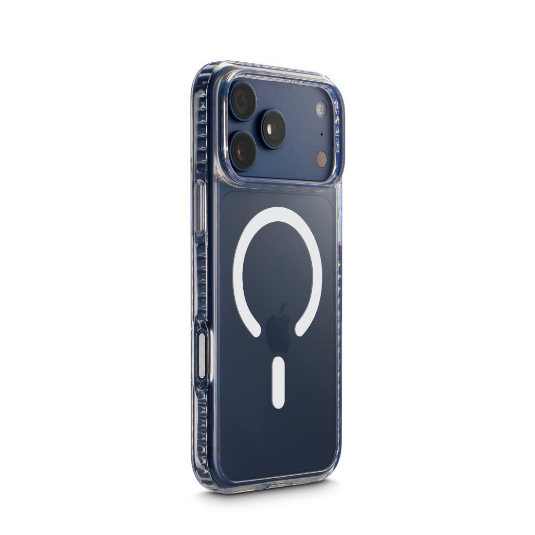 Blaue Smartphone-Rückseite mit transparenter Schutzhülle und weißem MagSafe-Ring auf weißem Hintergrund.