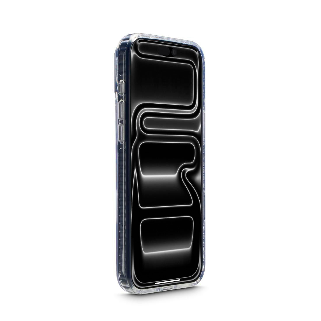 Ein Smartphone in einer klaren Schutzhülle auf weißem Hintergrund mit einem abstrakten schwarz-weißen Muster.