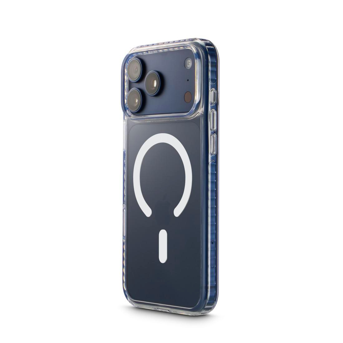 Ein dunkelblaues Smartphone in einer klaren Schutzhülle mit MagSafe-Ring, schräg auf weißer Oberfläche.