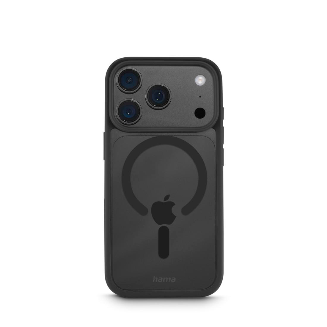 Schwarze iPhone-Hülle mit MagSafe-Kreis, Apple-Logo und Hama-Schriftzug auf weißem Hintergrund.