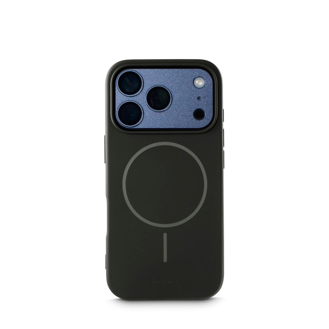 Schwarze Smartphone-Hülle mit blauem Kamerafeld und rundem MagSafe-Symbol auf weißem Hintergrund.