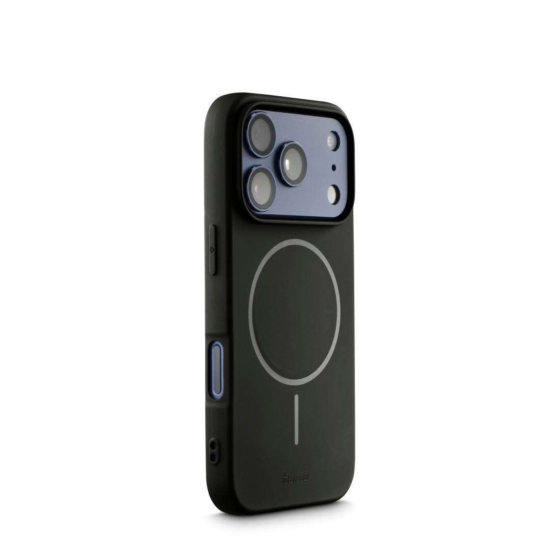 Schwarze Smartphone-Hülle mit MagSafe-Ring und Kameraaussparung auf weißem Hintergrund.