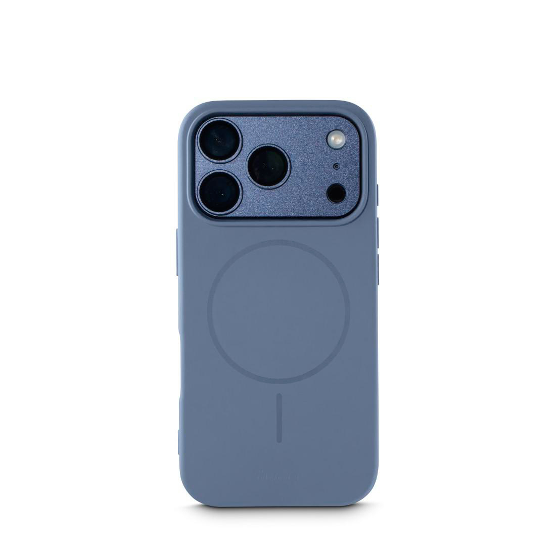 Blaue Smartphone-Hülle mit Kameraaussparung und MagSafe-Ring auf weißem Grund.