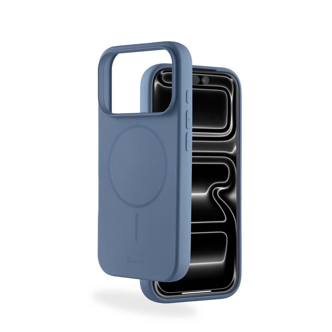 Blaue Smartphone-Hülle mit MagSafe-Kreis und ein Telefon in passender Hülle.