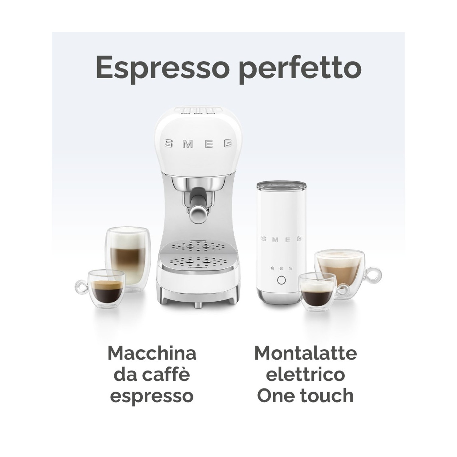 Macchina da caffè espresso bianca Smeg e montalatte con bicchieri.