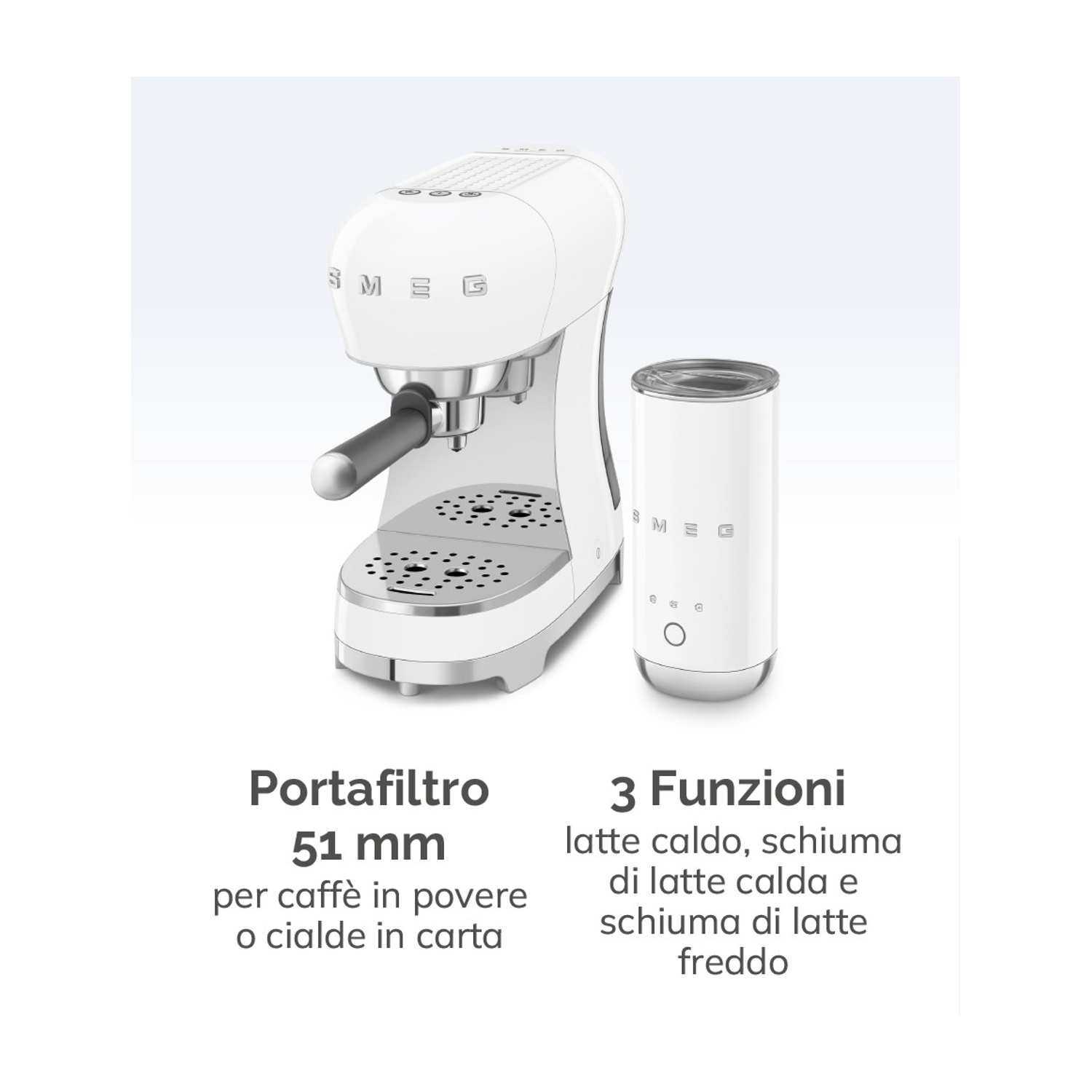 Macchina da caffè espresso Smeg bianca con montalatte e testo in italiano.