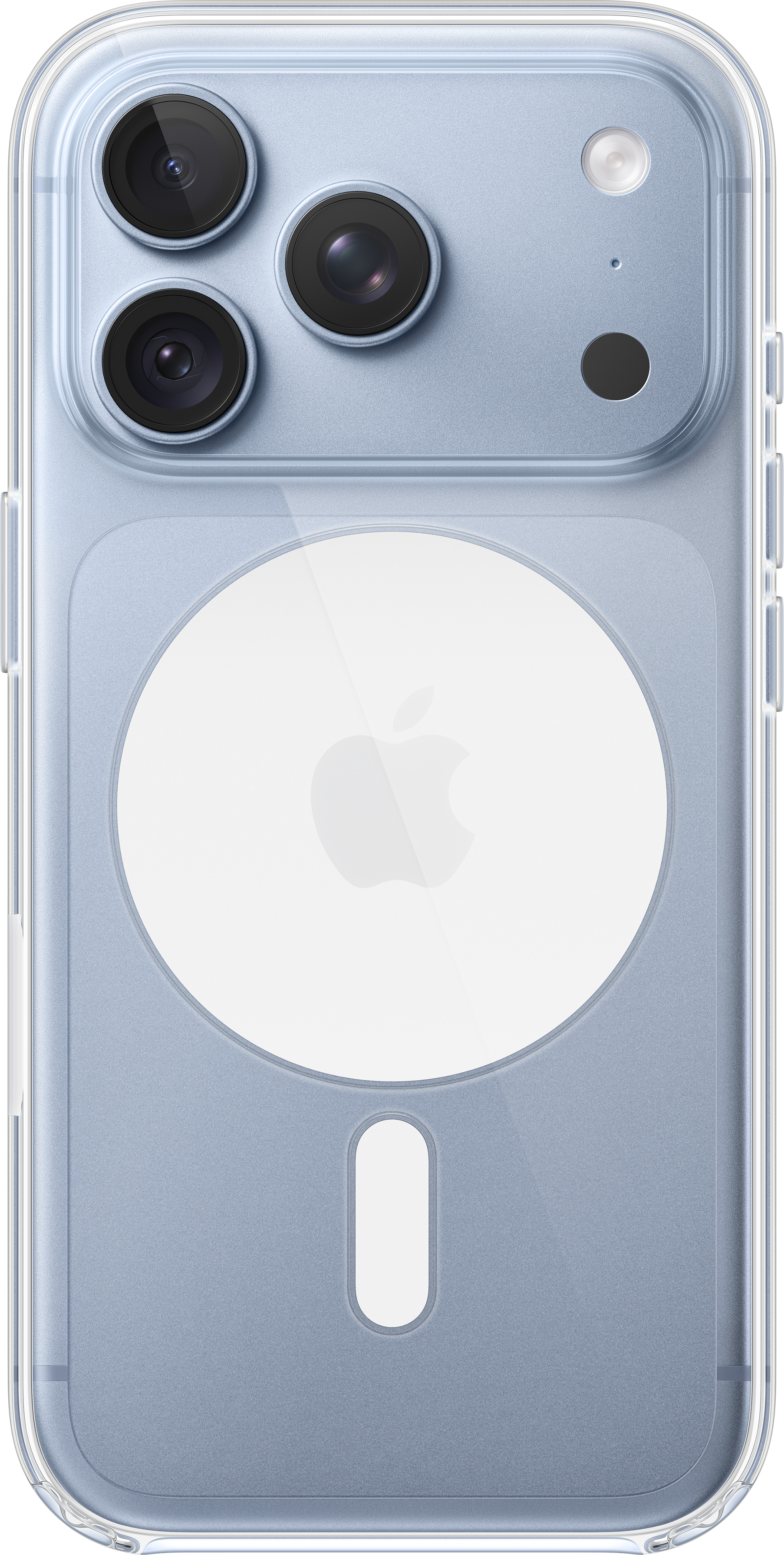 Dos d'un iPhone bleu clair dans une coque, avec trois objectifs photo et un cercle MagSafe rond.