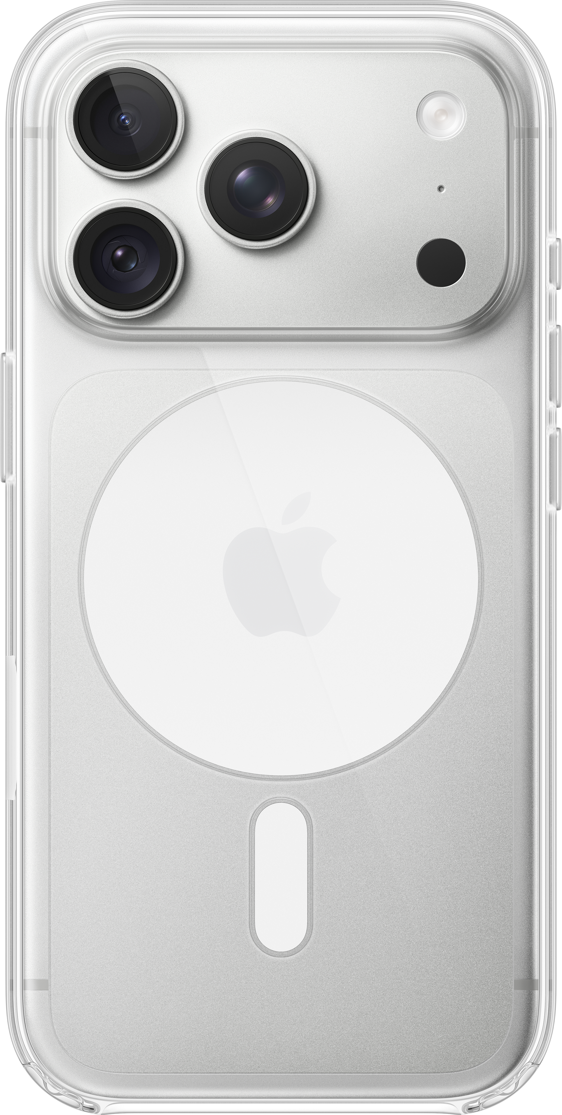 Dos d'un smartphone dans une coque de protection transparente avec triple caméra et logo Apple circulaire.