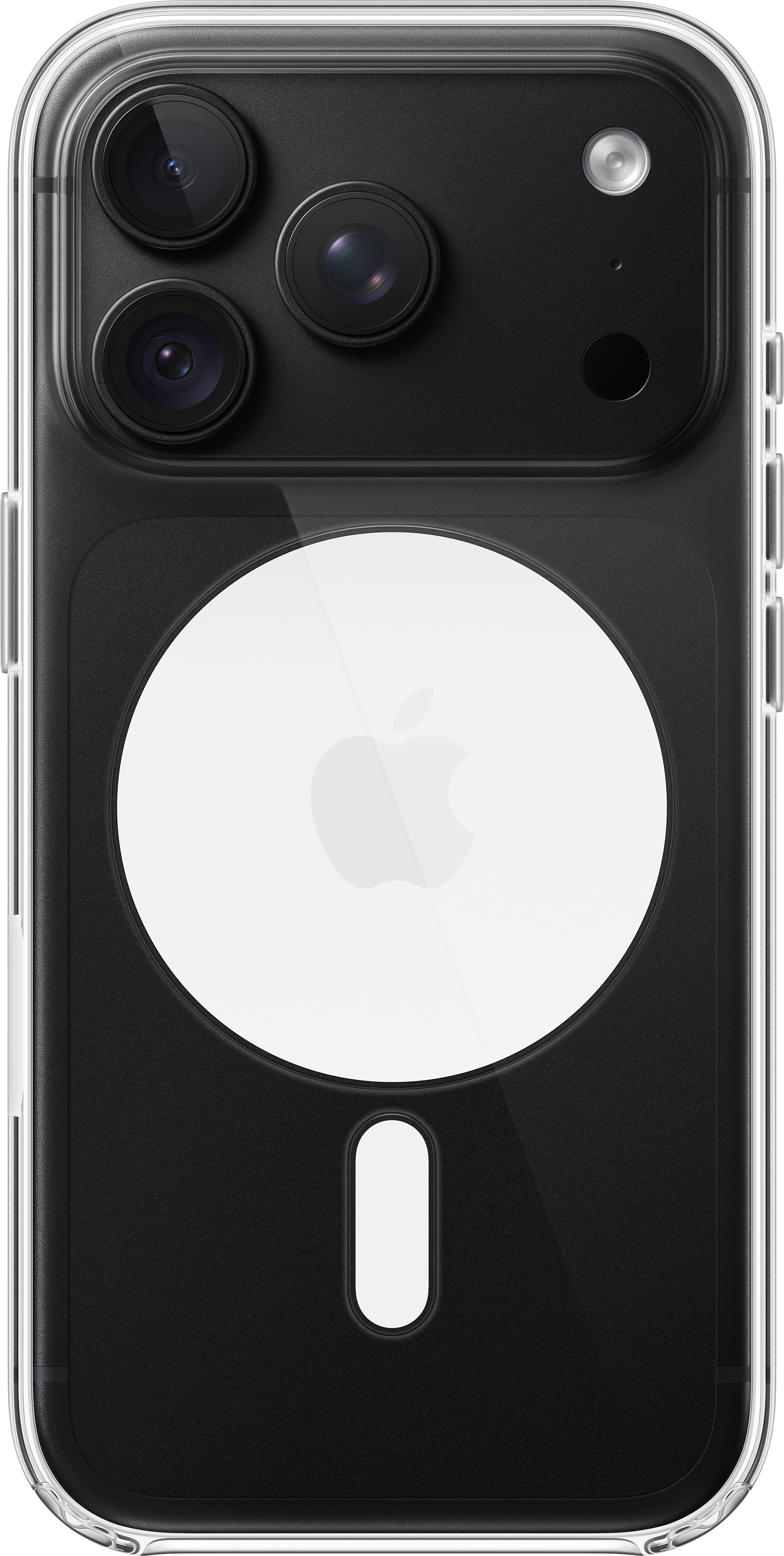 Dos d'un iPhone noir avec coque transparente MagSafe, trois caméras et logo Apple.