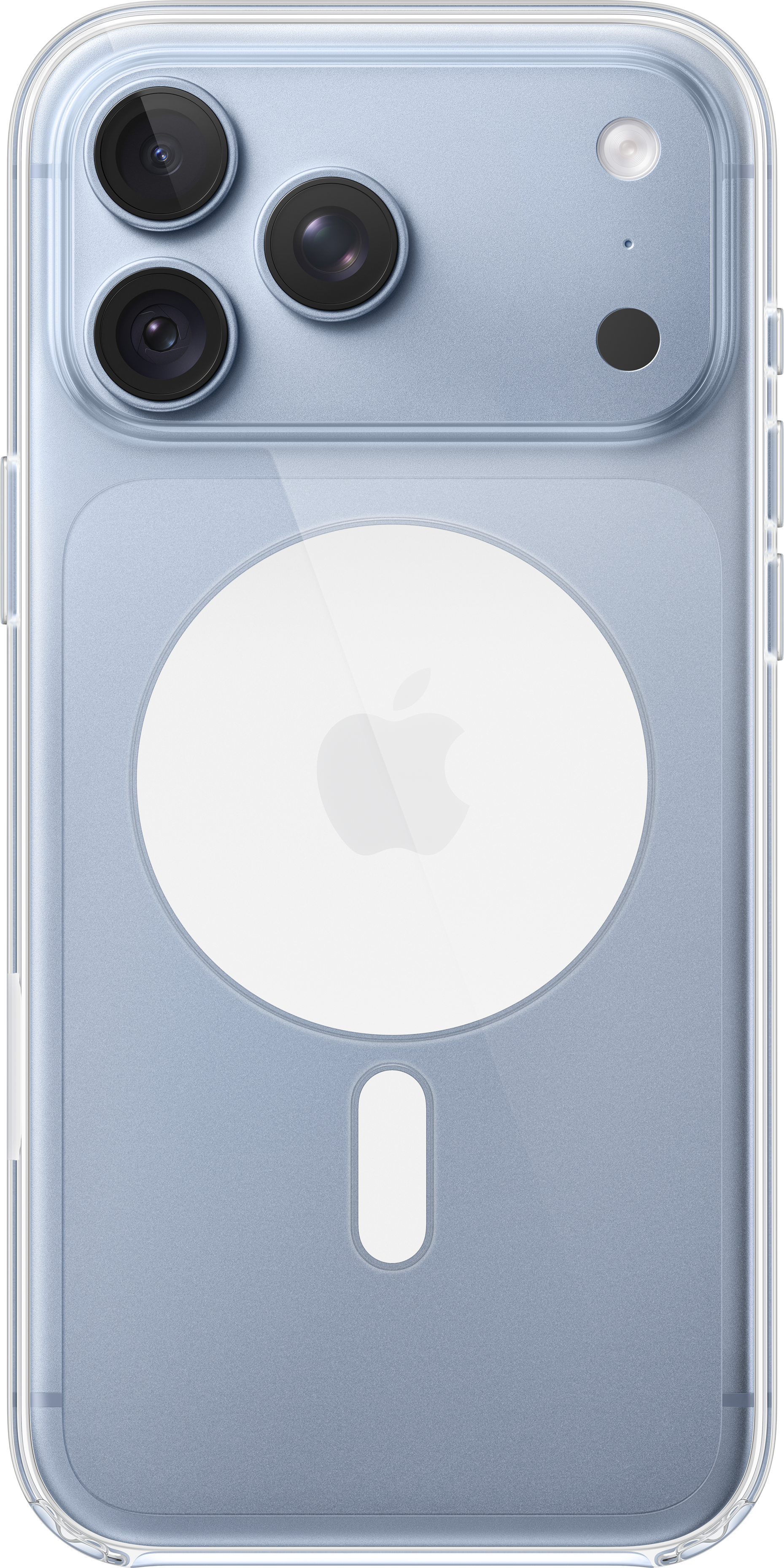 Le dos d'un iPhone bleu clair doté d'un triple appareil photo et du logo MagSafe dans une coque de protection transparente.