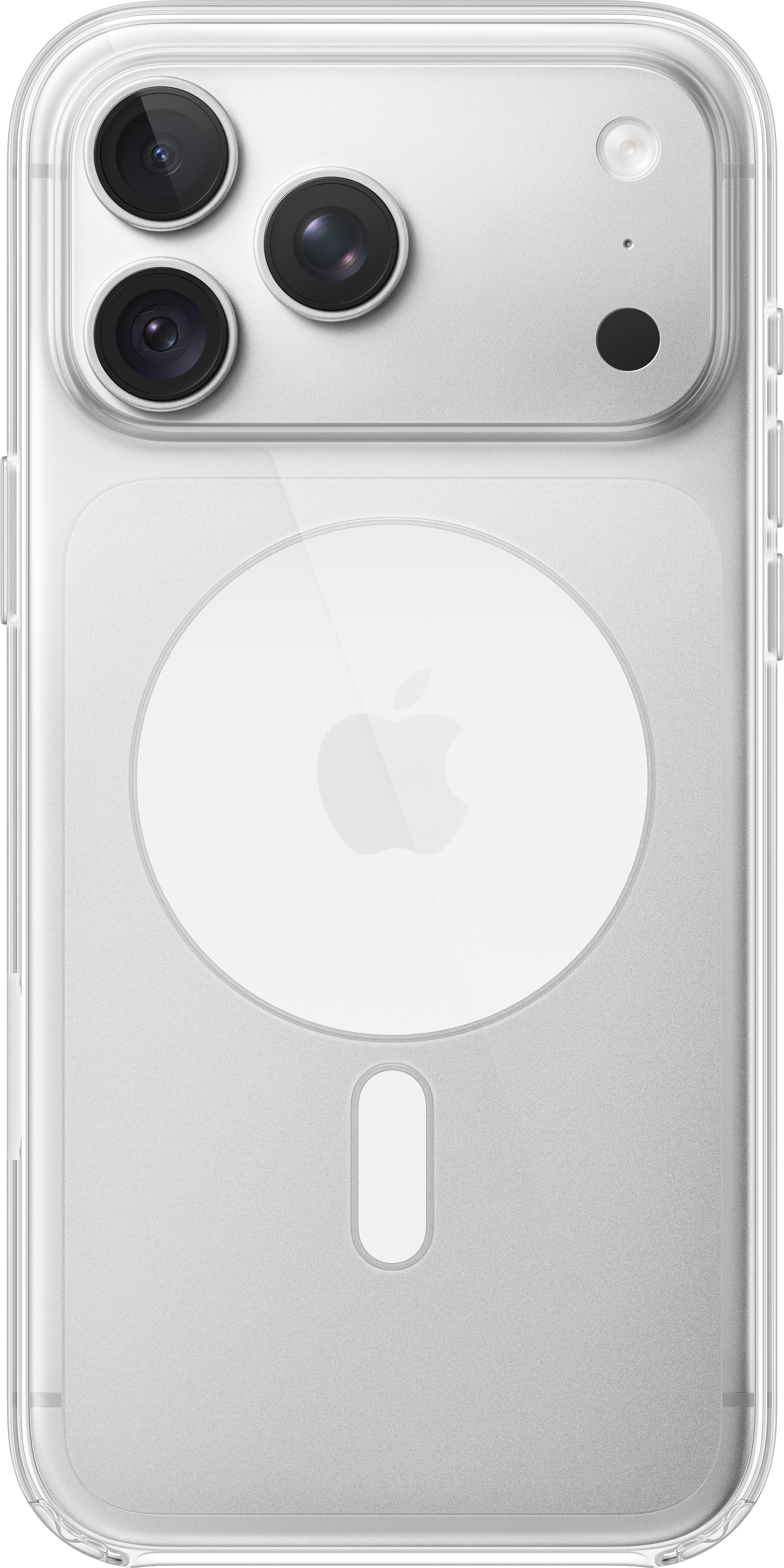 Dos d'un iPhone clair dans une coque de protection transparente avec trois objectifs et un logo Apple.