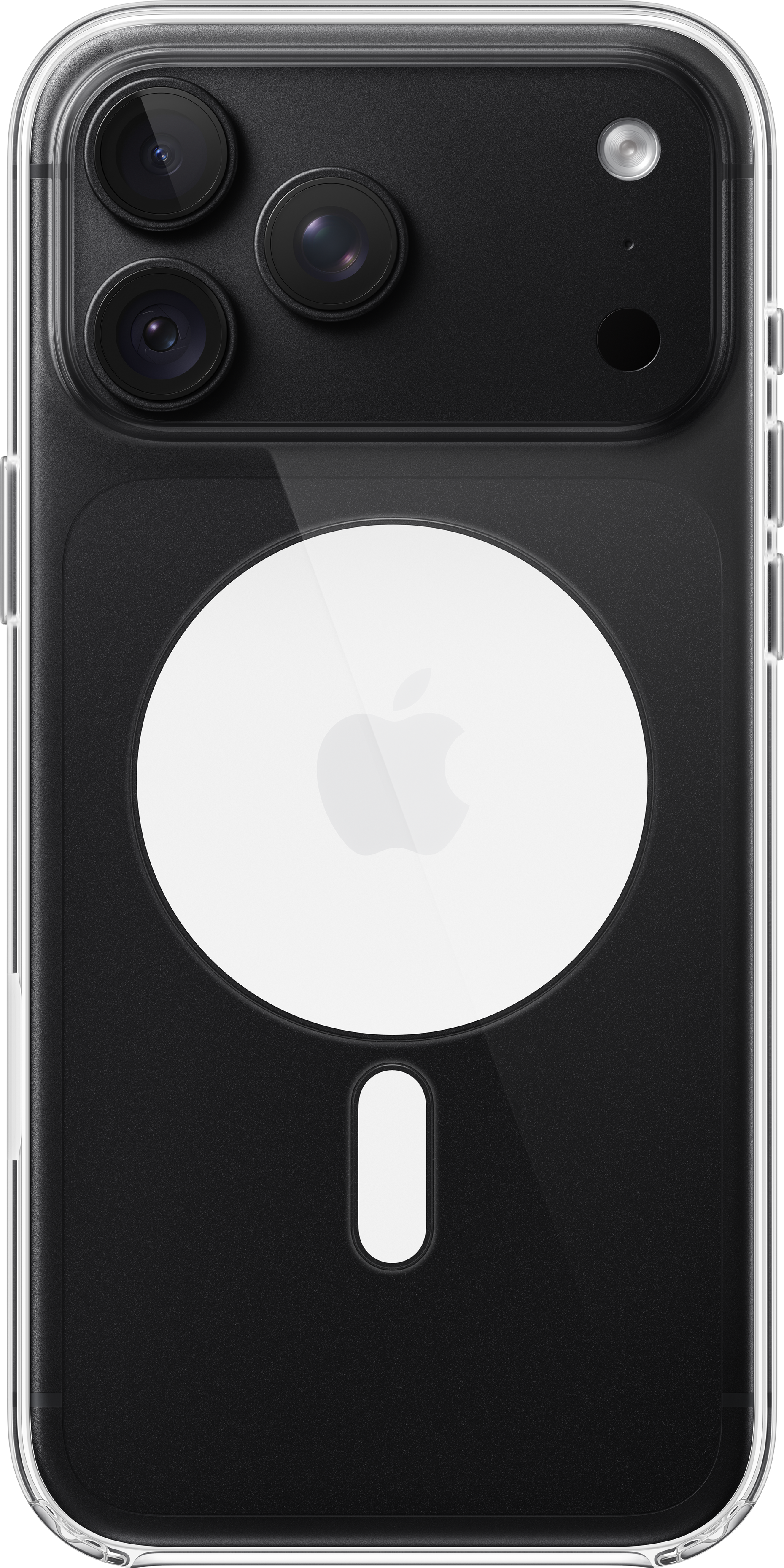 Dos d'un iPhone noir avec trois caméras, cercle MagSafe blanc et logo Apple dans une coque transparente.
